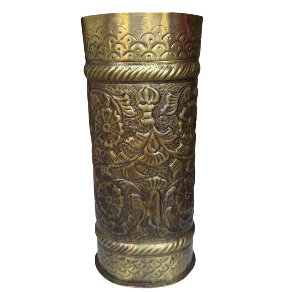Vintage Brass Vase 10" Tall Stamped Ornate Floral Textural Eclectic